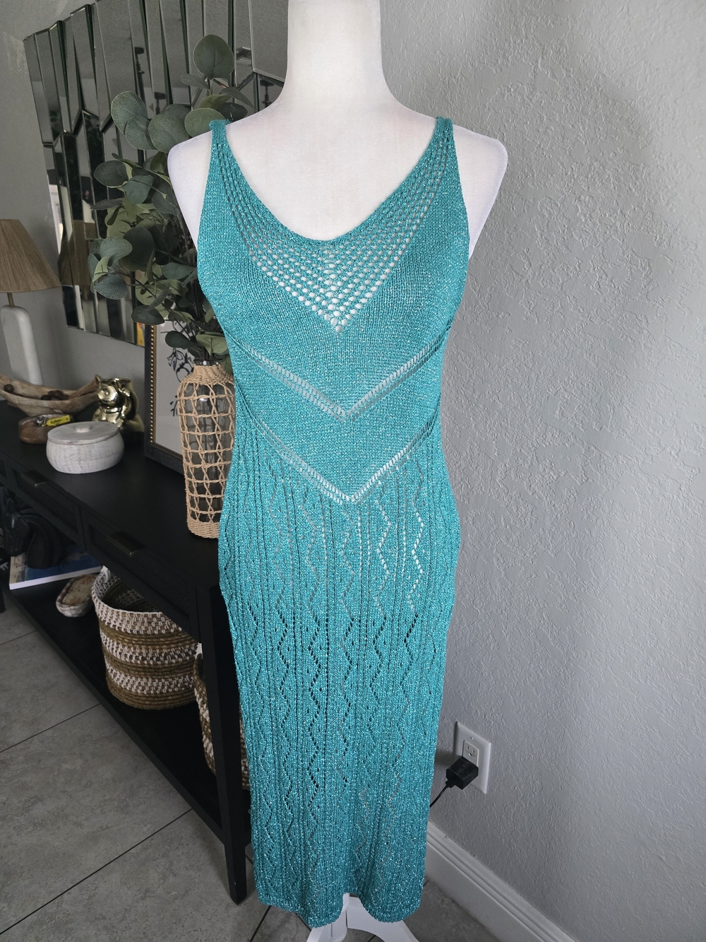 Made In Italy Crochet Metallic Coverup Dress Women's Chevron Pattern M